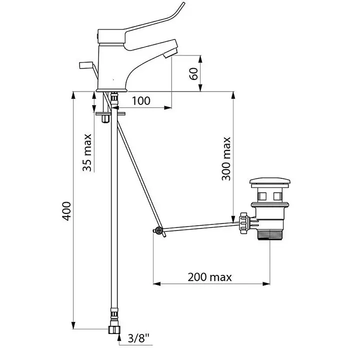 Delabie Waschtischarmatur Delabie EHM für WT H60mm, Zugstangenablaufgarnitur, Hygienehebel -  - Technische Zeichnung einer Einhebel-Waschtischarmatur mit integriertem Zugstangenablauf und Installationsmaßen.