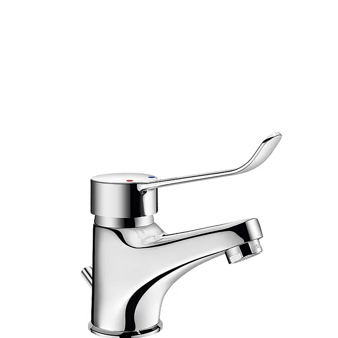 Delabie Waschtischarmatur Delabie EHM für WT H60mm, Zugstangenablaufgarnitur, Hygienehebel -  - Einhebel-Waschtischarmatur aus poliertem Chrom mit roten und blauen Temperaturmarkierungen.