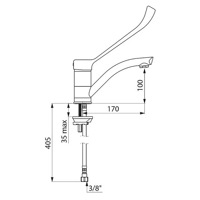Delabie Waschtischarmatur -  - Technische Zeichnung eines Einhebelmischers mit Maßen und 3/8" Wasseranschluss.