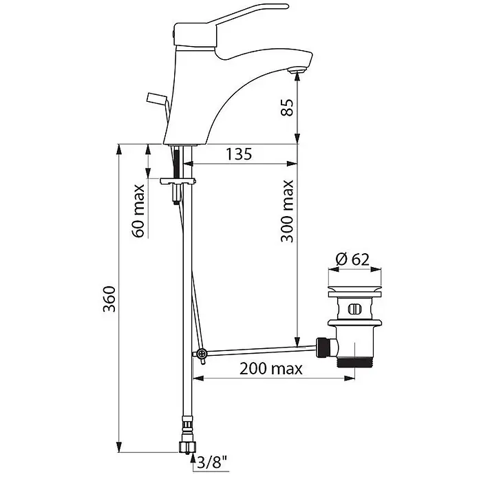 Delabie Waschtischarmatur Delabie EHM f. WT, H85 L135 mm, Zugst.Ablgarn., Bügelgriff -  - Technische Zeichnung einer Einhebel-Waschtischarmatur mit Ablaufgarnitur und Einbaumaßen.