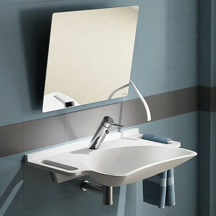 Delabie Klappspiegel Delabie Kippspiegel m. Hebel 600x500 mm Nylon weiß - 57,5 x 10,5 cm - Weißes wandmontiertes Badwaschbecken mit integriertem Ablagefach, Chromarmatur und verstellbarem Spiegel.