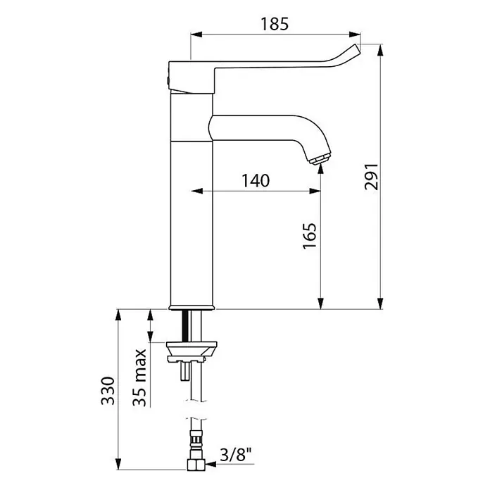 Delabie Waschtischarmatur Delabie WT-MBatt. EP hoher Auslauf fest H165 L140, Hygienehebel -  - Technische Zeichnung eines hohen Einhebel-Waschtischarmatur mit Maßen, inklusive Auslaufhöhe und -reichweite.