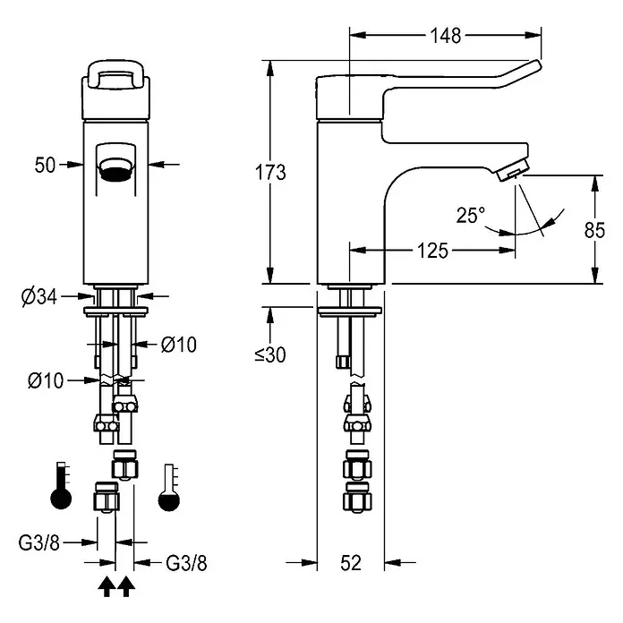 KWC Waschbecken KWC -  - Technische Zeichnung einer Einhebelmischbatterie mit allen Maßen und Anschlussdetails.