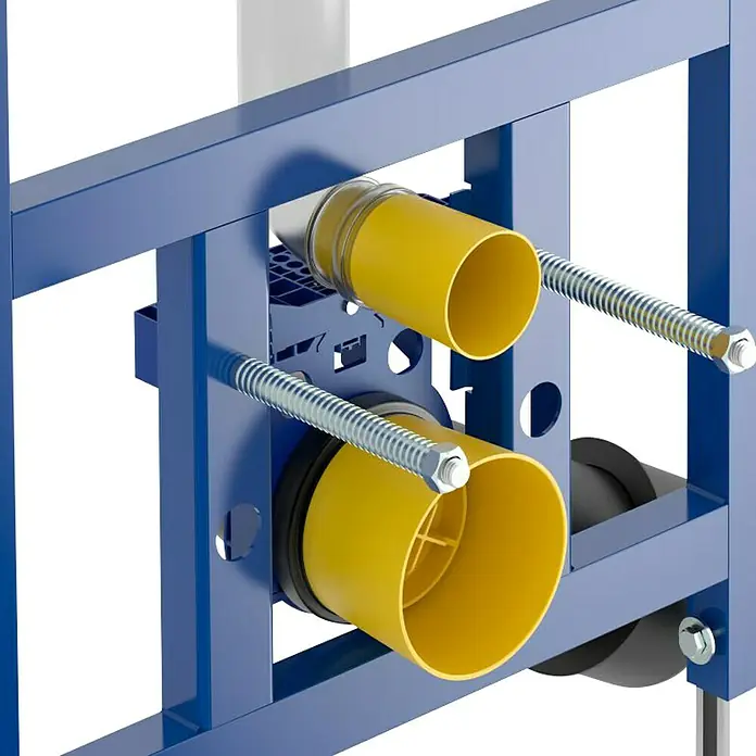 Villeroy & Boch WC-Vorwandelement ViConnect - 2-Mengen-Spülung, 13,5 x 52,5 x 112 cm - Detailansicht einer Vorwandinstallation mit gelben Rohren und blauen Metallrahmen.