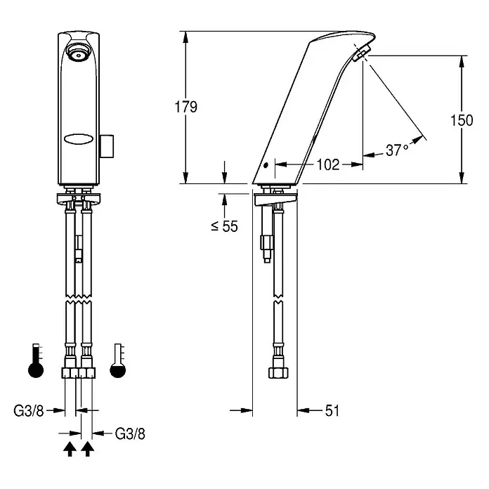 KWC Waschtischarmatur KWC AR Standbatterie, PROTRONIC-S, elek., Mischer, Batterie -  - Hoher, schlanker Einhebelmischer mit flexiblen Anschlussschläuchen und detaillierten technischen Abmessungen.