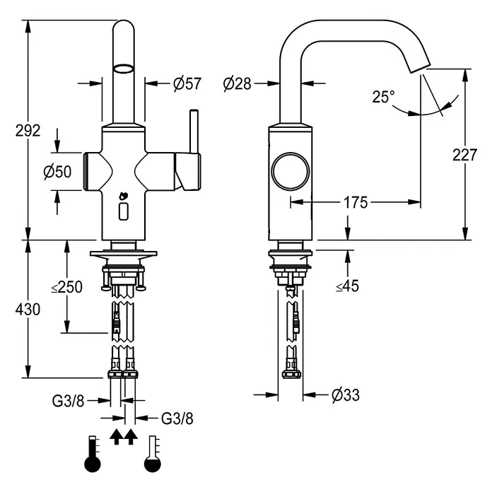 KWC Waschbecken KWC -  - Technische Zeichnung einer Zweigriff-Küchenarmatur mit separaten Ausläufen. Zeigt Maße wie 292mm Höhe, 175mm Ausladung, G3/8 Anschlüsse, Ø33mm Montagebohrung.
