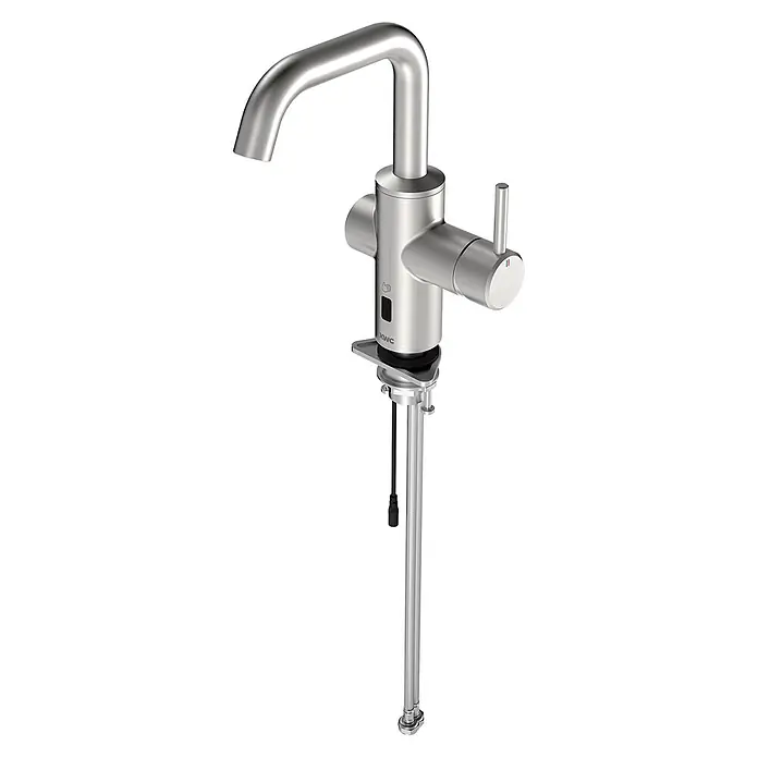 KWC Waschbecken KWC -  - Moderner Küchenhahn aus gebürstetem Edelstahl mit Sensor, Seitenhebel und sichtbaren Untertischanschlüssen.