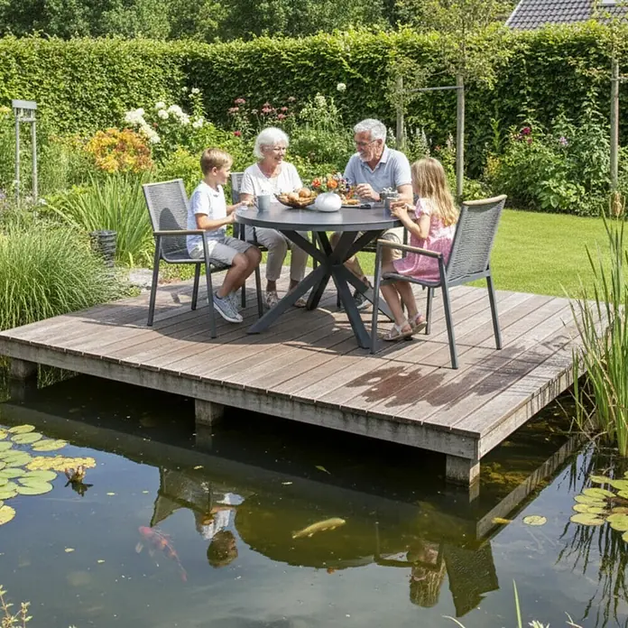 Bene Living Gartentisch-Set Alicante mit Tisch Malaga - Gesamtumfang: 5 -tlg., Aluminium pulverbeschichtet, Rope-Geflecht, Teakholz und Tischplatte aus gesintertem Stein (Keramik), Stapelbar - Ein anthrazitfarbenes Gartentisch- und Stuhlset, von einer Familie auf einem Holzdeck über einem Teich genutzt.