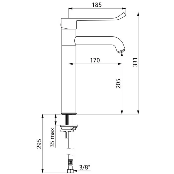 Delabie Waschtischarmatur Delabie WT-MBatt. EP hoher Auslauf fest H205 L170, Hygienehebel -  - Technische Zeichnung einer hohen Einhebel-Waschtischarmatur mit allen Maßen.