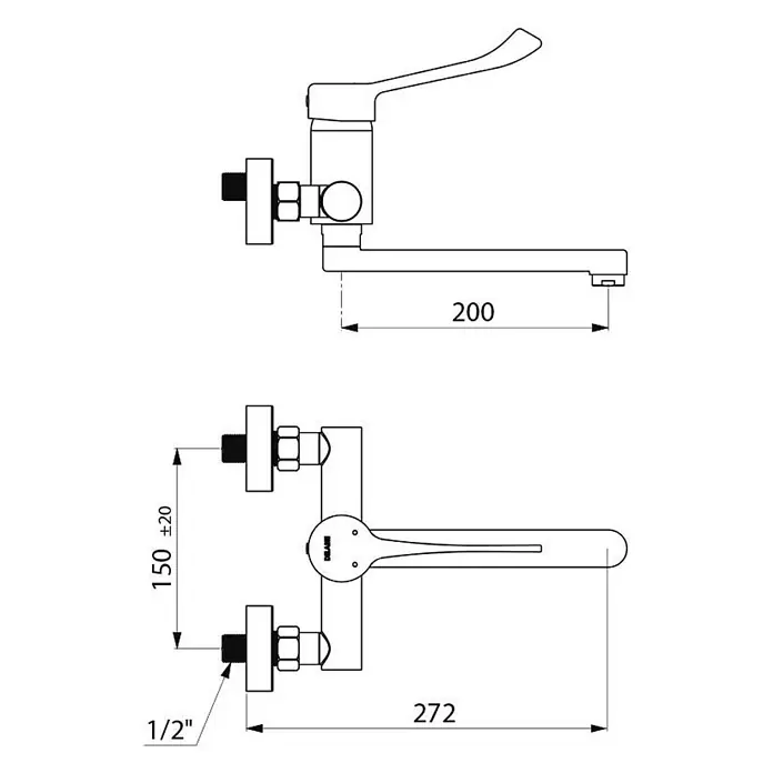 Delabie Waschtischarmatur Delabie EHM W.-Mont. EP Securit. Schwenkausl. L.200, H.-Hebel, Stdd. -  - Technischer Zeichnung eines wandmontierten Einhebelmischers aus Chrom mit verstellbarem Anschluss.