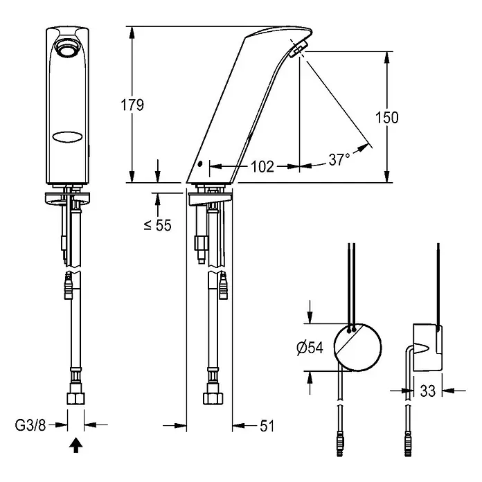 KWC Waschtischarmatur KWC AR Standventil, PROTRONIC-S, elek., o. Mischung, UP-Netzteil 230 VAC -  - Technische Zeichnung eines Einhebelmischers mit detaillierten Abmessungen.