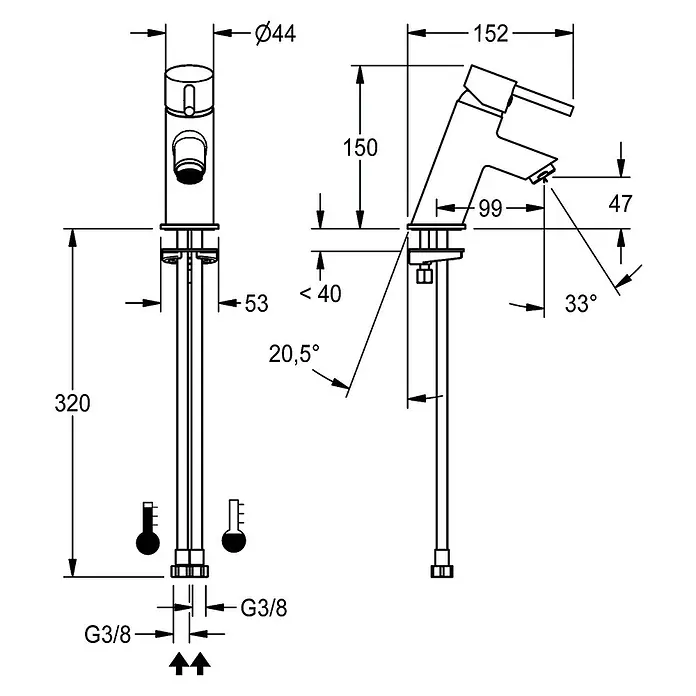 KWC Waschbecken KWC -  - Technische Zeichnung einer Einhebel-Waschtischarmatur mit Maßen, inkl. Gesamthöhe 320mm und G3/8 Anschlüssen.