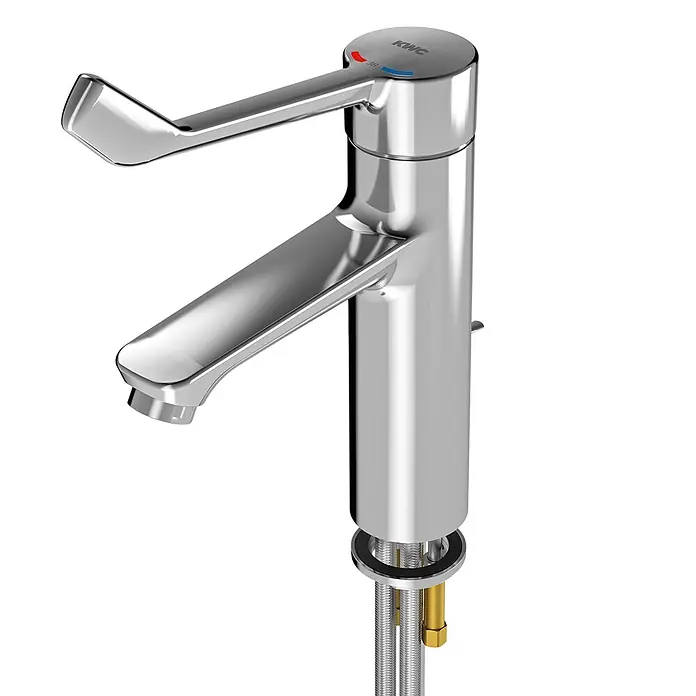 KWC Waschtischarmatur -  - Chromfarbene Einhebelarmatur mit ergonomischem Griff, integrierten Heiß-/Kaltanzeigen und sichtbaren Anschlussschläuchen.