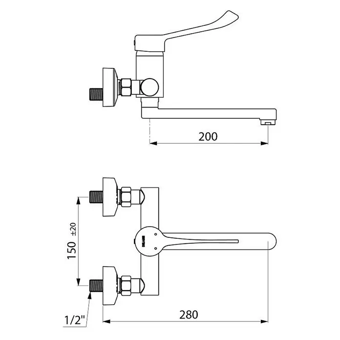 Delabie Waschtischarmatur Delabie EHM W.-Mont. EP Securit. Schwenkausl. L.200, H.-Hebel, S/C -  - Technische Zeichnung einer wandmontierten Einhebel-Küchenarmatur mit 200mm Auslauf und 150mm Stichmaß.