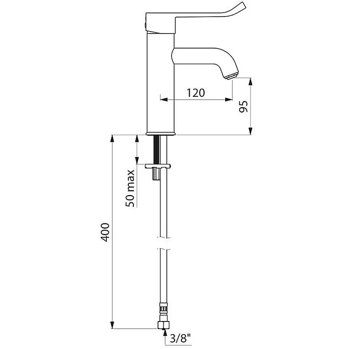 Delabie Waschtischarmatur Delabie EHM für WT H.95 L.120, ohne Ablaufgarnitur, Hygienehebel -  - Technische Zeichnung einer verchromten Einhebel-Waschtischarmatur mit Maßen, Armatur und flexiblen Anschlüssen.