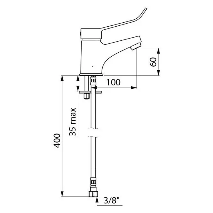 Delabie Waschtischarmatur -  - Techn. Zeichnung eines modernen Einhebelmischers mit Maßen: Auslaufhöhe 60mm, Projektion 100mm, max. Tischstärke 35mm, 400mm Schläuche, 3/8" Anschluss.