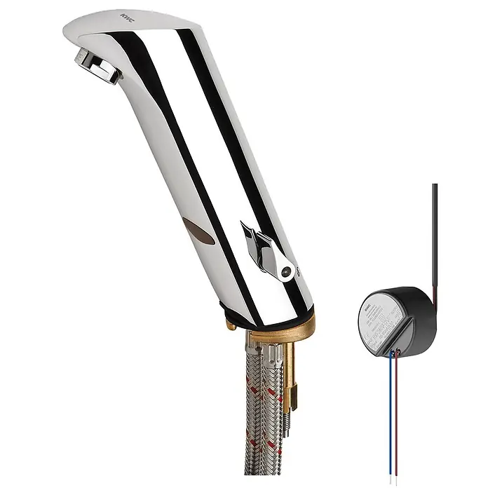 KWC Waschtischarmatur KWC AR Standbatterie, PROTRONIC-S, elek., Mischer, UP-Netzteil 230 VAC - Messing poliert verchromt - KWC verchromte Sensorarmatur mit separater schwarzer Steuereinheit.