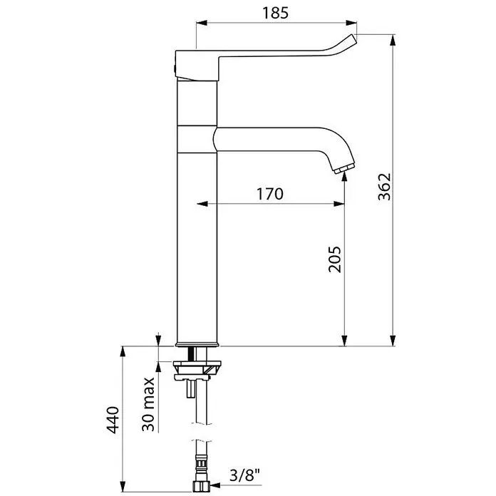 Delabie Waschtischarmatur Delabie WT-MBatt. EP Schwenkauslauf hoch H205 L170, Hygienehebel -  - Technische Zeichnung einer hohen Waschtischarmatur mit Maßen: H 362mm, Auslauf H 205mm, Ausladung 170mm, 3/8" Anschluss.
