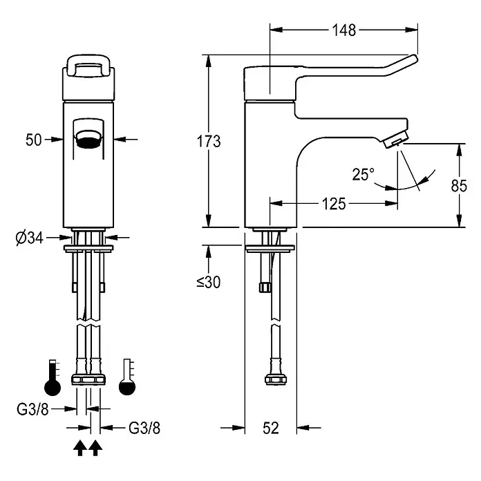 KWC Waschbecken KWC -  - Technisches Diagramm eines Einhebel-Waschtischmischers mit Seiten- und Vorderansicht und detaillierten Maßen für Installation und Nutzung.