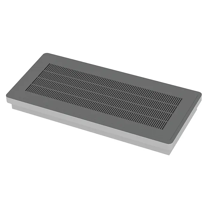 Delabie Plasmafilter HEPA-Filter -  - Rechteckiges, dunkelgraues Lüftungsgitter mit schrägen Lamellen auf hellgrauem Sockel.