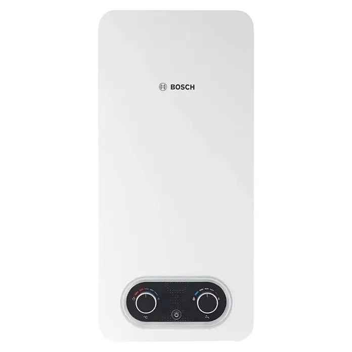 Junkers Calentador atmosférico T4204 - 19,2 W, Caudal de agua: 11 l/min, Gas butano - Calentador de agua Bosch blanco con panel de control negro, dos perillas giratorias y botón de encendido.