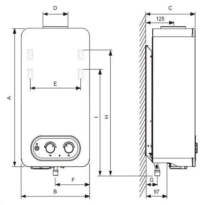 Junkers Calentador atmosférico T4204 - 19,2 W, Caudal de agua: 11 l/min, Gas butano - Dibujo acotado de una caldera mural blanca con mandos de control, mostrando vistas frontal y lateral.