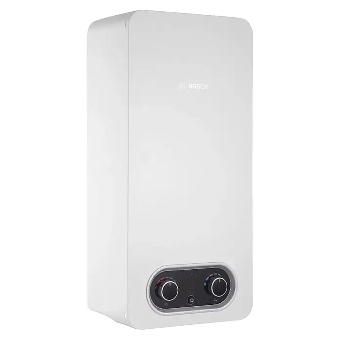 Junkers Calentador atmosférico T4204 - 19,2 W, Caudal de agua: 11 l/min, Gas butano - Calentador de agua Bosch blanco con dos mandos de control en la parte inferior.