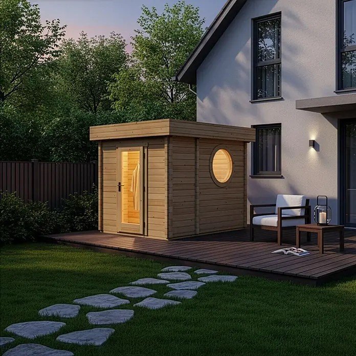 FinnTherm Saunahaus Cubus 70 B 70mm Wandstärke -  - Hölzerne Gartensauna mit Flachdach, Tür und rundem Fenster auf einer Terrasse im Garten.
