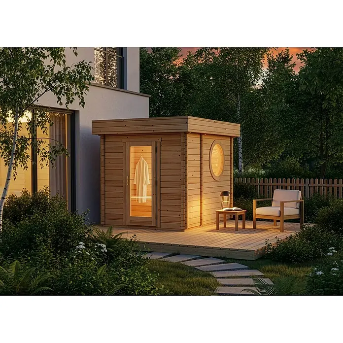 FinnTherm Saunahaus Cubus 70 B 70mm Wandstärke -  - Hölzerne Außensauna mit Glastür und Bullaugenfenster, auf einer Terrasse in einem Garten mit Sessel und Beistelltisch.