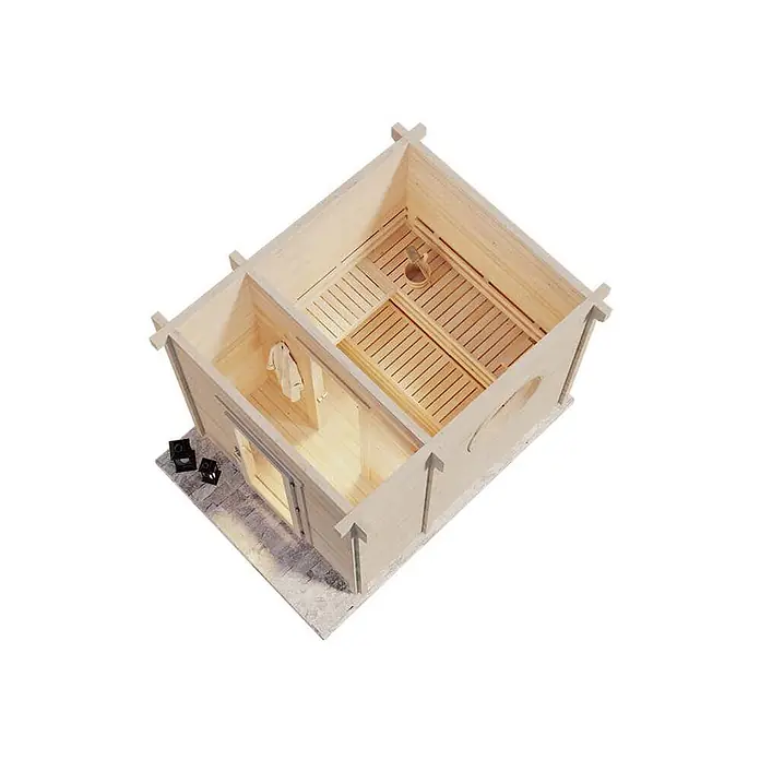 FinnTherm Saunahaus Cubus 70 B 70mm Wandstärke -  - Helle Holzsaunakabine, Draufsicht, mit Bänken, Eimer und Umkleideraum mit Handtuch.