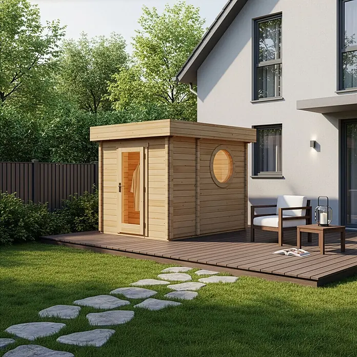 FinnTherm Saunahaus Cubus 70 B 70mm Wandstärke -  - Holz-Gartenhaus mit Flachdach und Rundfenster auf einer Terrasse neben einem Haus.