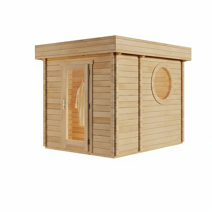 FinnTherm Saunahaus Cubus 70 B 70mm Wandstärke -  - Outdoor-Sauna aus hellem Holz mit Glastür, Rundfenster und Bademantel darin.