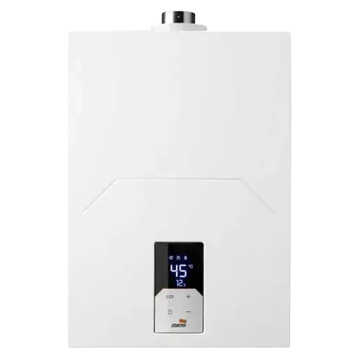 Cointra Calentador estanco CETI - 24 W, Caudal de agua: 12 l/min, Gas natural - Calentador de agua blanco de pared con pantalla digital que muestra 45 °C y botones de control.