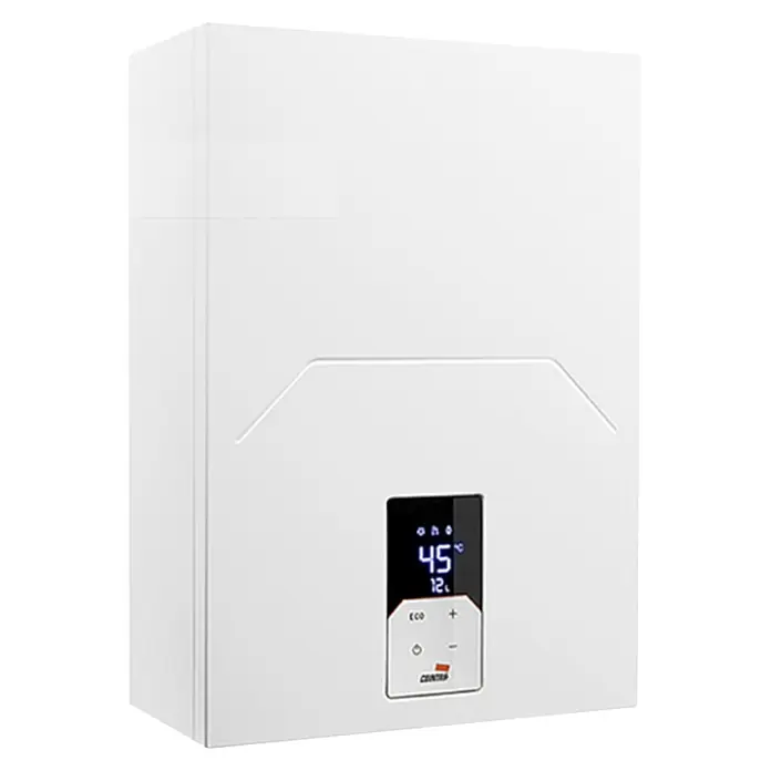 Cointra Calentador estanco CETI - 24 W, Caudal de agua: 12 l/min, Gas butano - Caldera mural blanca con pantalla digital que muestra 45°C.