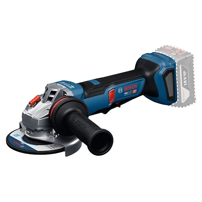 Bosch Professional AMPShare 18V Akku-Winkelschleifer PRO GWS18V-11PS - 18 V, Ohne Akku, Durchmesser Scheibe: 125 mm - Blau-schwarzer Bosch Akku-Winkelschleifer mit grauer Trennscheibe und Zusatzhandgriff. Das Gerät ist einsatzbereit und zeigt seinen Akkuanschluss.