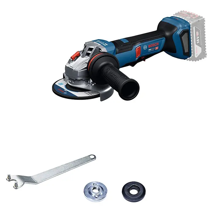 Bosch Professional AMPShare 18V Akku-Winkelschleifer GWS 18V-11 PS SOLO - Ohne Akku, Durchmesser Scheibe: 125 mm - Blau-schwarzer Bosch Akku-Winkelschleifer mit Akku, Zusatzhandgriff und Zubehör zum Scheibenwechsel.