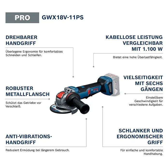 Bosch Professional AMPShare 18V Akku-Winkelschleifer PRO GWX18V-11PS - Ohne Akku, Durchmesser Scheibe: 125 mm - Blauer und schwarzer Bosch GWX18V-11PS Akku-Winkelschleifer mit 18V-Akku, drehbarem Griff, robustem Metallflansch und ergonomischem Design.