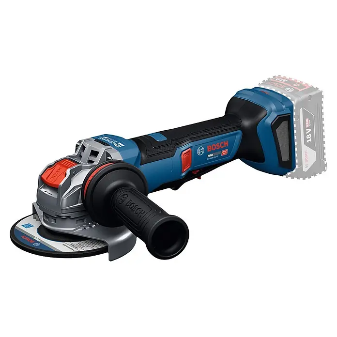Bosch Professional AMPShare 18V Akku-Winkelschleifer PRO GWX18V-11PS - Ohne Akku, Durchmesser Scheibe: 125 mm - Blauer und schwarzer Bosch Akku-Winkelschleifer mit grauem Kopf, roten Akzenten und Zusatzhandgriff. Mit X-LOCK und bürstenlosem Motor.