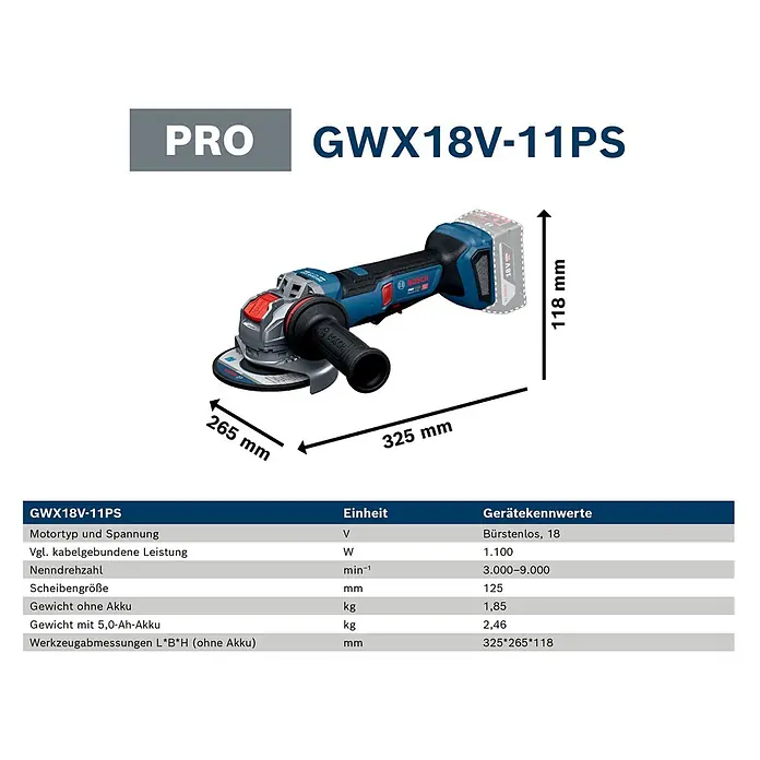 Bosch Professional AMPShare 18V Akku-Winkelschleifer PRO GWX18V-11PS - Ohne Akku, Durchmesser Scheibe: 125 mm - Blauer und schwarzer Bosch Akku-Winkelschleifer mit Zusatzhandgriff, daneben Maße und technische Daten.