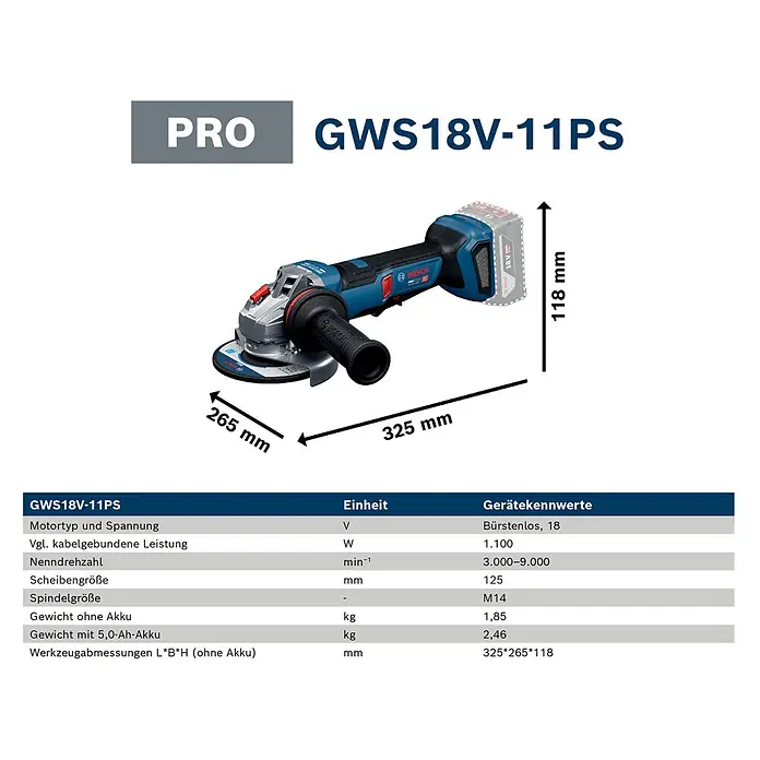 Bosch Professional AMPShare 18V Akku-Winkelschleifer PRO GWS18V-11PS - 18 V, Ohne Akku, Durchmesser Scheibe: 125 mm - Ein blau-schwarzer Bosch GWS18V-11PS Akku-Winkelschleifer mit Akku, mit Maßen dargestellt.