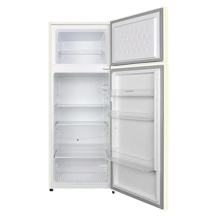 Respekta Kühl-Gefrierkombination Bento - Nutzinhalt Gesamt: 211 l, 55,1 x 54 x 142,8 cm, Gelb - Cremefarbene Kühl-Gefrier-Kombination, offen, zeigt weißen Innenraum mit Glasablagen und Türfächern.