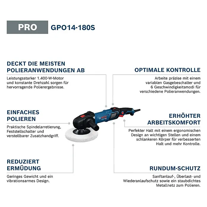 Bosch Professional Poliermaschine GPO 14-180 S - 220 V, 1.400 W - Eine blau-schwarze Bosch GPO14-180S Profi-Poliermaschine mit weißem Polierpad.