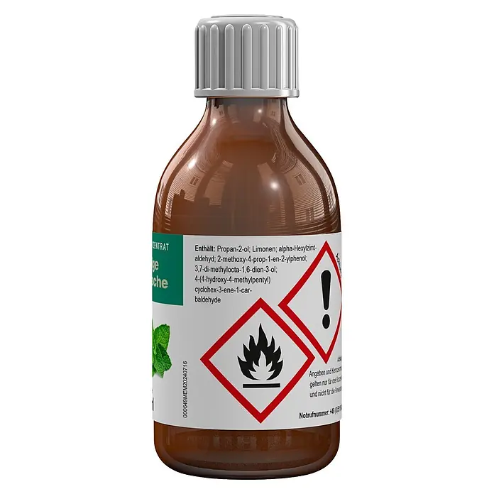 Eilo Saunaduft - Duft: Minzige Herbstfrische, 250 ml - Braune Glasflasche mit weißem Schraubverschluss und Etikett mit Inhaltsstoffen und Gefahrensymbolen.