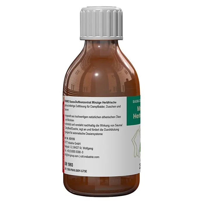 Eilo Saunaduft - Duft: Minzige Herbstfrische, 250 ml - Braune Glasflasche FINNRO Sauna-Duftkonzentrat 'Minzige Herbfrische' mit weißem geripptem Verschluss.