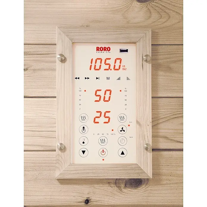 Eilo Infrarotkabine EL-AK 9531 - 2.200 W, 198 x 132 x 102 cm - RORO Sauna-/Spa-Bedienfeld mit hellem Holzrahmen, roten Zahlen und Symbolen an einer Holzwand.