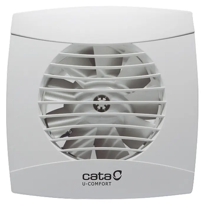 Cata Extractor mural UC-8 STD - Blanco, 8 cm - Ventilador de ventilación rectangular blanco con rejilla protectora y aspas visibles, con el logo 'cata U-COMFORT'.