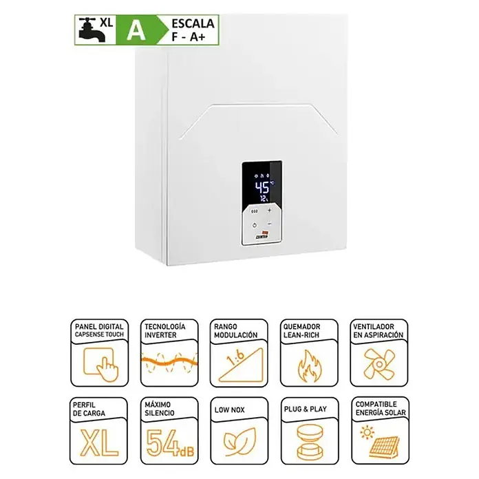 Cointra Calentador estanco CETI - 24 W, Caudal de agua: 12 l/min, Gas butano - Caldera mural blanca con display digital que muestra temperatura y presión, etiqueta energética A (perfil de agua caliente XL) e iconos de funciones.