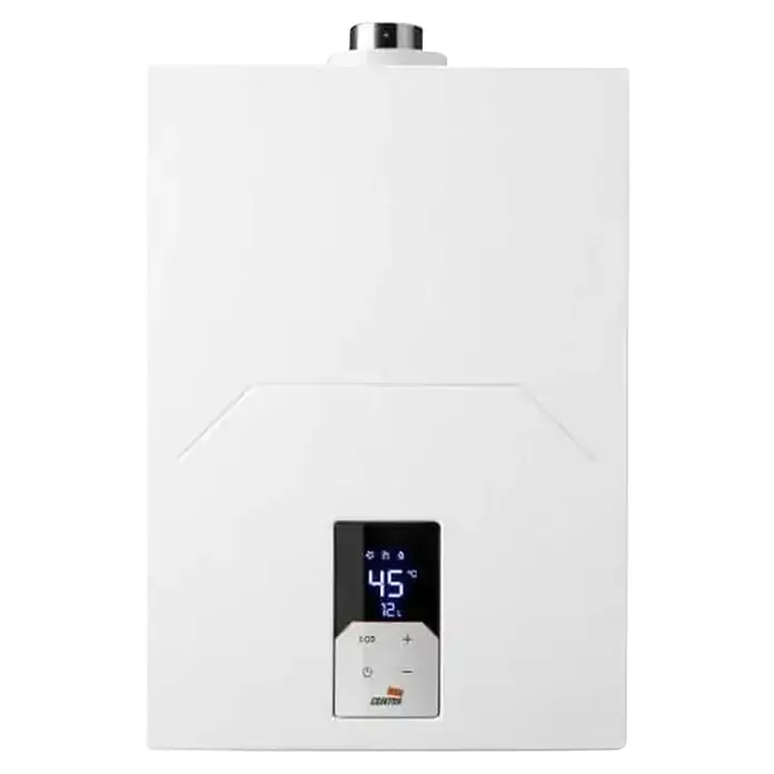 Cointra Calentador estanco CETI - 24 W, Caudal de agua: 12 l/min, Gas butano - Calentador de agua de pared blanco con pantalla digital negra que muestra 45°C.