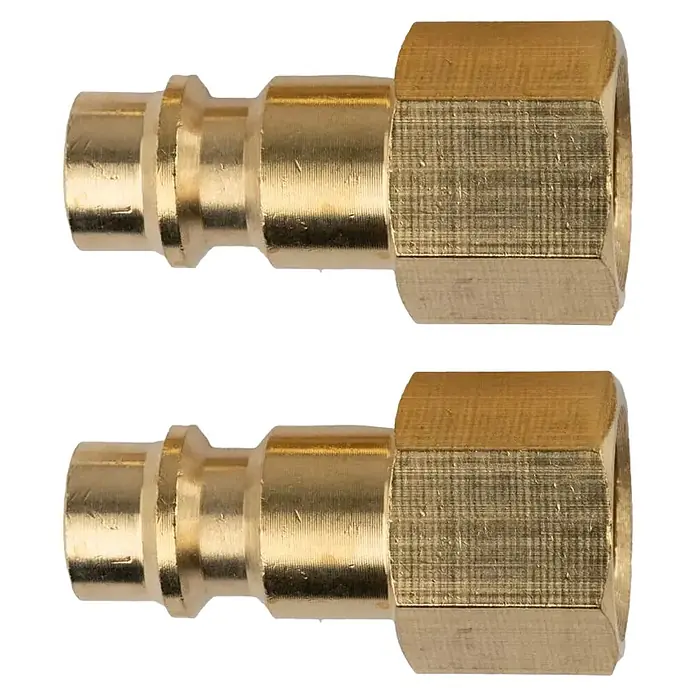 Güde Stecknippel - ¼″ (Innengewinde) - Zwei goldene Messing-Schnellkupplungen mit Sechskantmuttern.