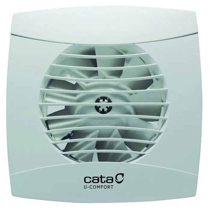 Cata Extractor mural UC-12 STD - Blanco, 12 cm, Potencia de aire: 205 m³/h - Ventilador de plástico blanco con rejilla protectora y aspas visibles, con el logotipo 'cata U-COMFORT'.